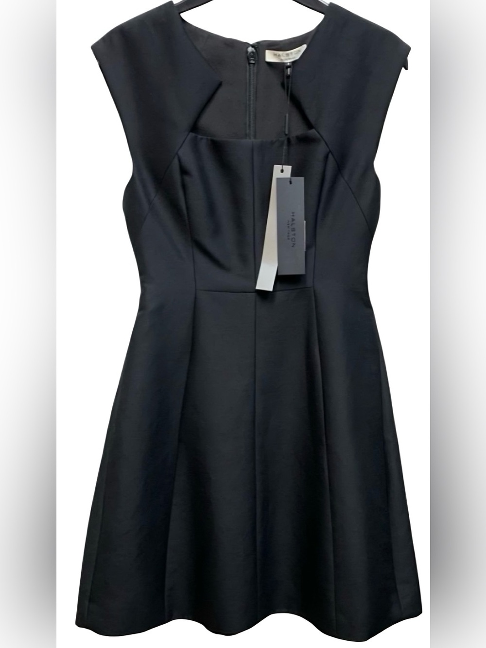 Halston Heritage $445 Geometric Neck Black Fit & Flare Dress NWT Size 0